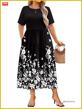 Plus Size Bohemian Short Sleeve Flowy Loose Maxi Summer Beach Swing Dress with
